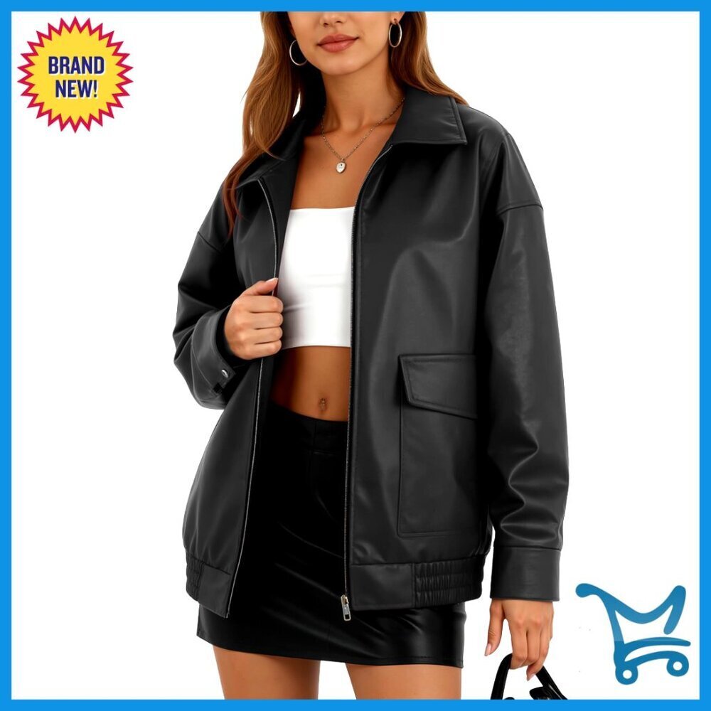 Oversized Faux Leather Motorcycle Jacket Bomber with Double Pockets
